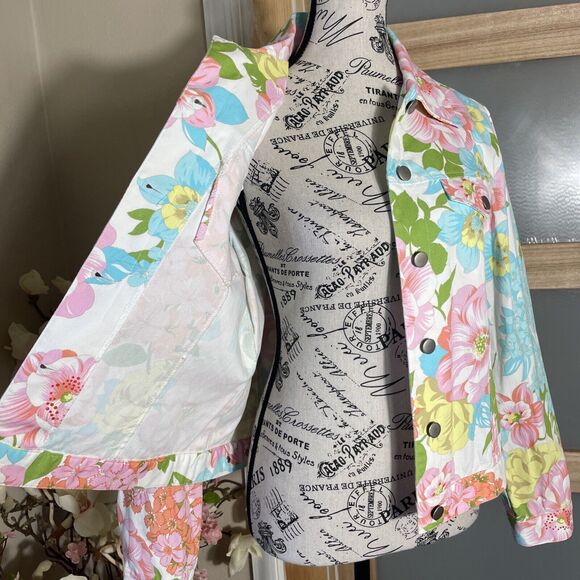 Catherine Stewart Womens Denim Jean Floral Print Jacket Sz M Multicolor - Picture 3 of 7